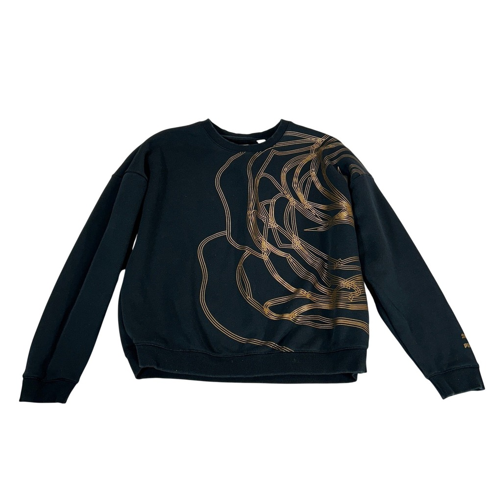 Puma Women Black Gold Metallic Rose Graphic Crewneck Sweatshirt 571688 Small